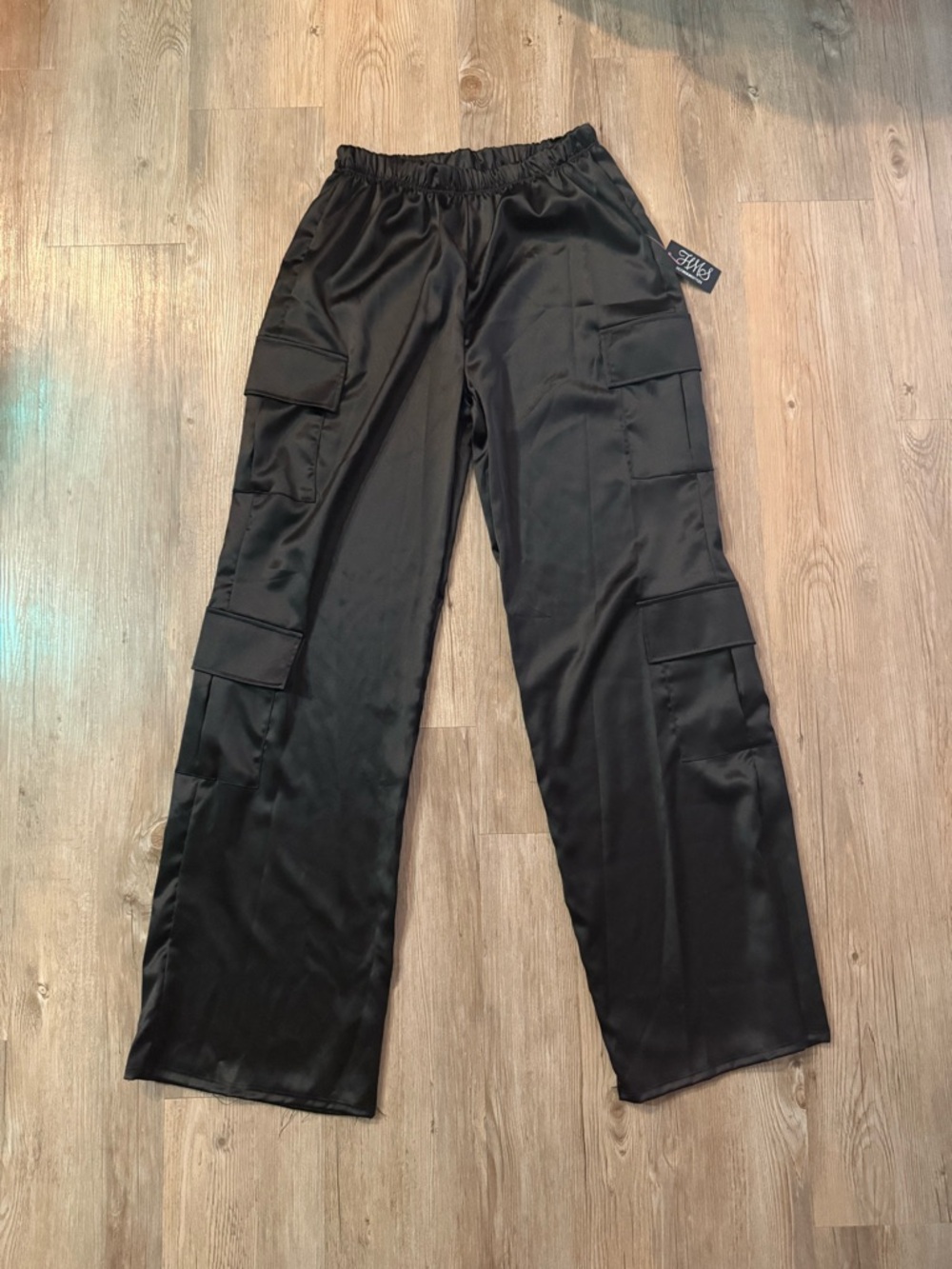 Hot Miami Styles Black Satin Cargo Wide-Leg Trousers